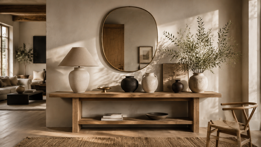 Scandinavian home décor with oak console, ceramics and mirror
