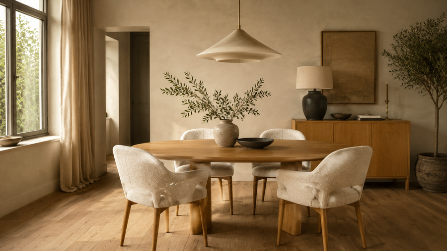 Scandinavian dining room with oval oak table and cream chairs