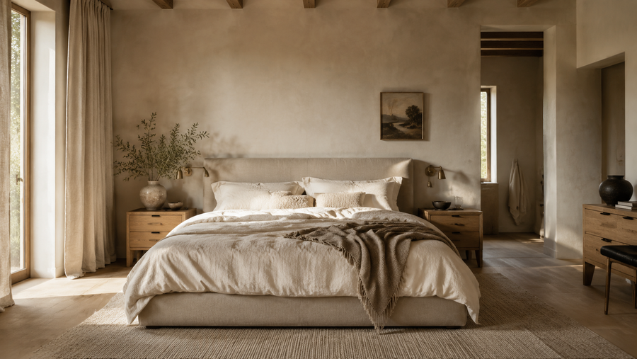 Scandinavian bedroom with neutral linens and morning light