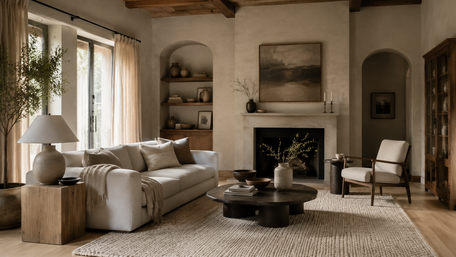 Scandinavian living room with cream seating and natural textures