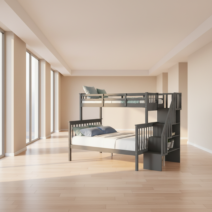 Stairway Twin-Over-Full Bunk Bed with Storage and Guard Rail for Bedroom, Dorm, for Kids, Adults, Gray color
