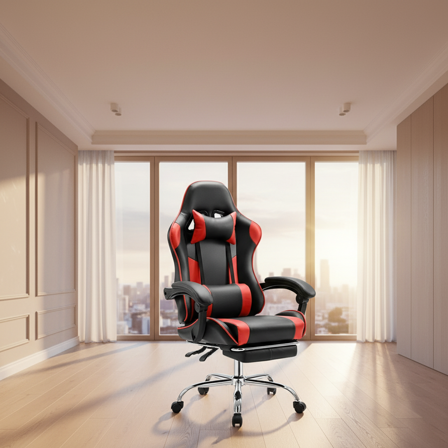 Reclining Gaming Chair with Footrest — Black & Red