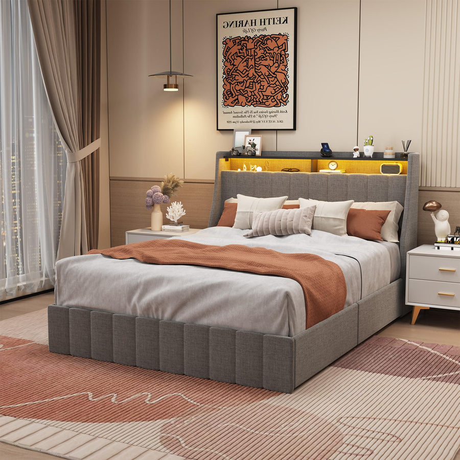 Light Gray Full Bed with LED Winged Headboard & Storage