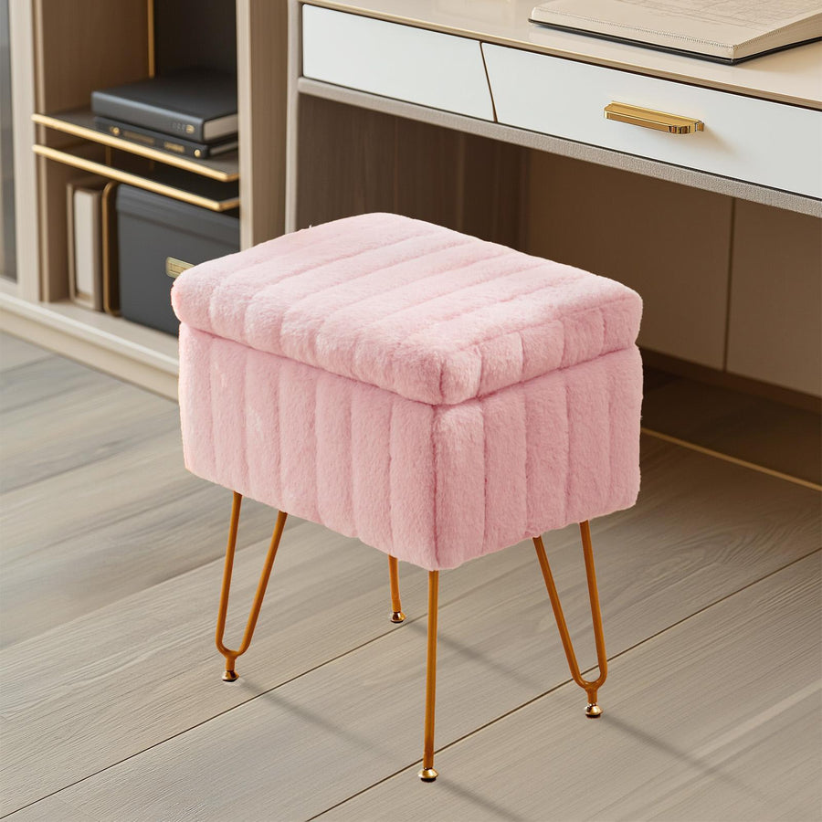 Faux Fur Storage Vanity Stool — Pink