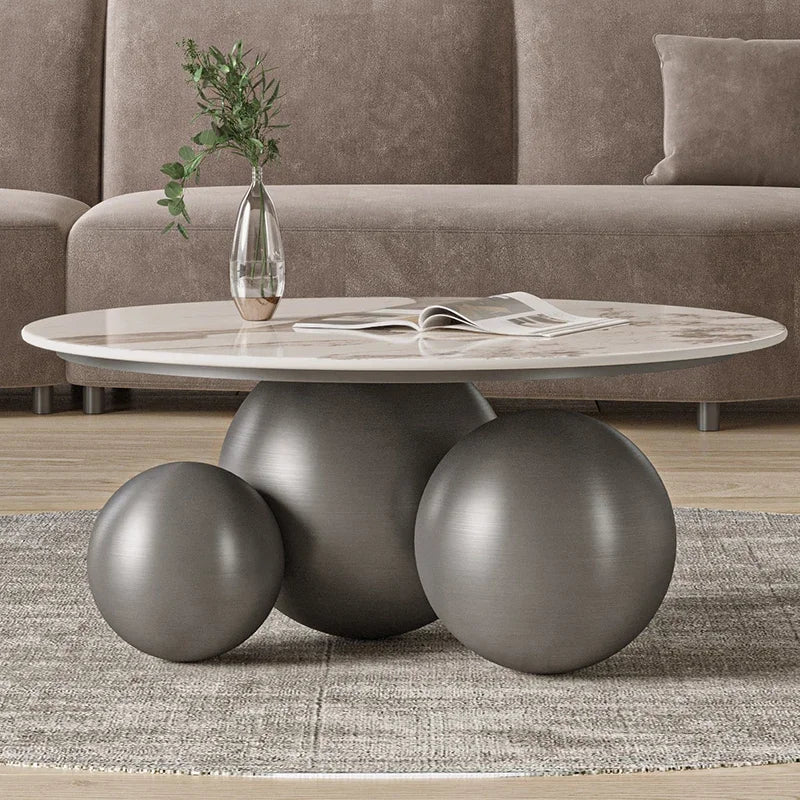 Modern Light-Luxury Rock Slab Coffee Table – Round Edge Metal Base