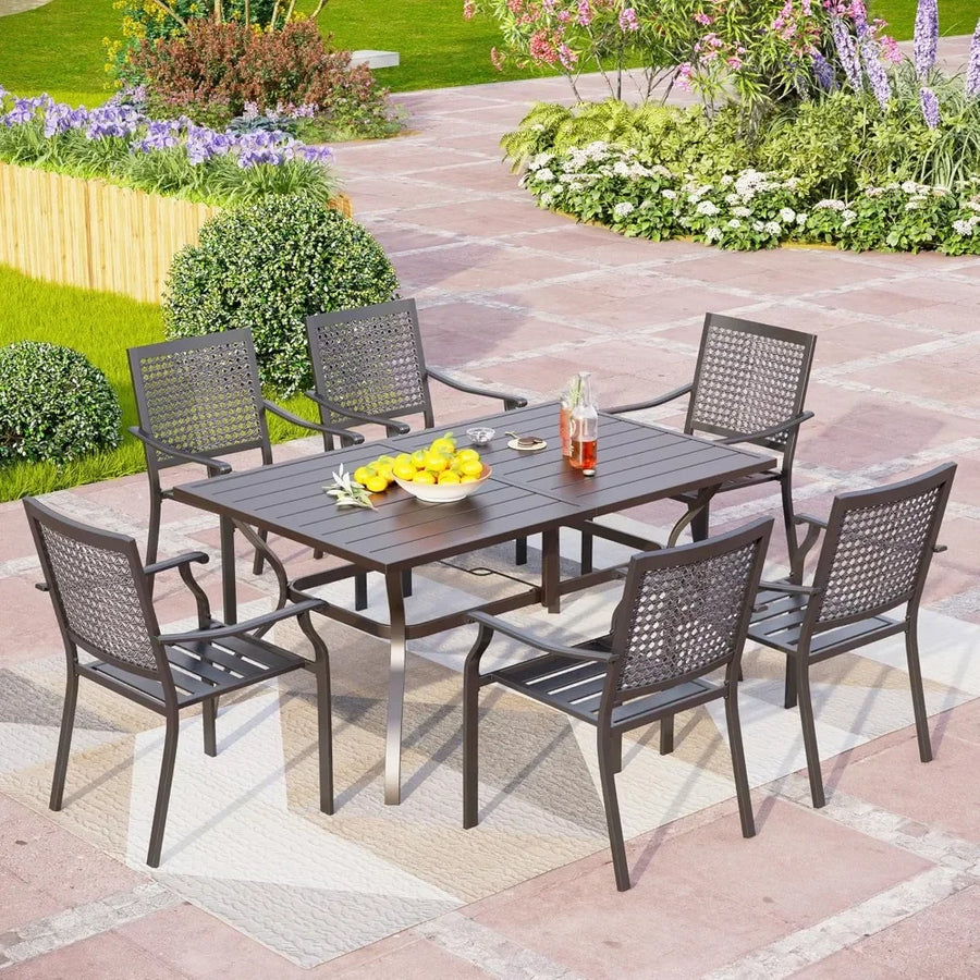 Outdoor Dining Table for 6, 60" Long Rectangular Metal Wrought Iron Table with Umbrella Hole, All-Weather Large Furniture for P