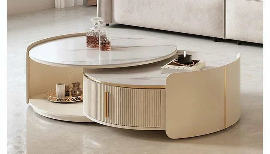 Cream Rock-Board Round Coffee Table Set – Modern Living Room Retractable Combination Table