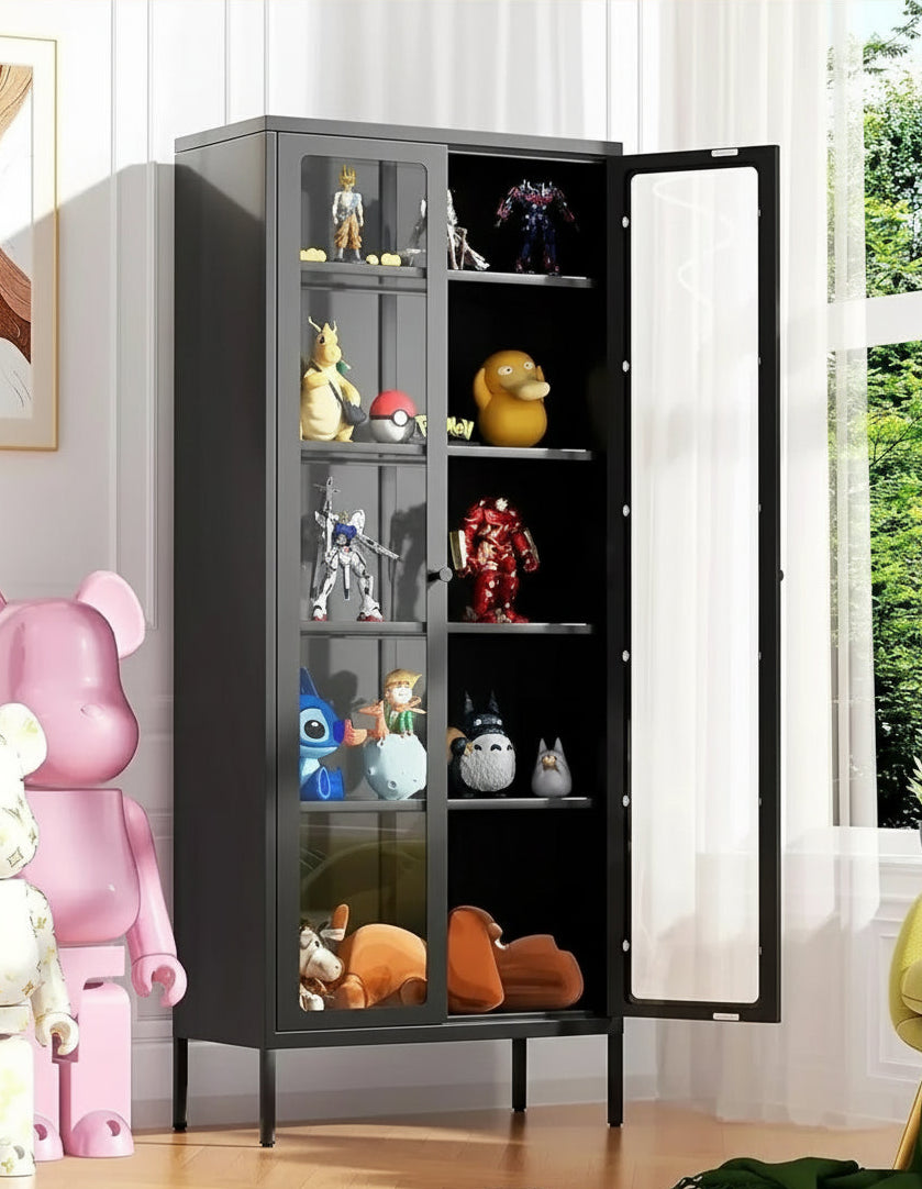 Metal Storage Cabinet, Black Display Curio Glass Storage Cabinet, Tall Bookcase Modern Bookshelf with Glass Doors and 4 Shelves