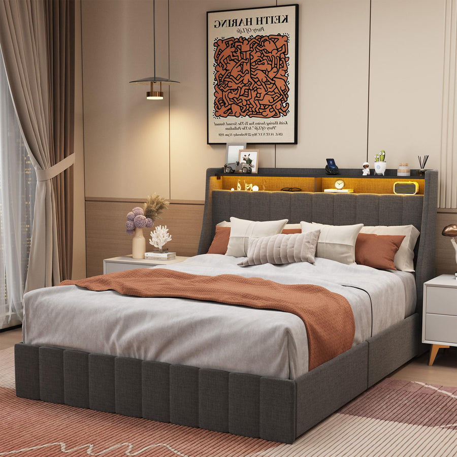 Dark Gray Full Bed with LED Winged Headboard & Storage