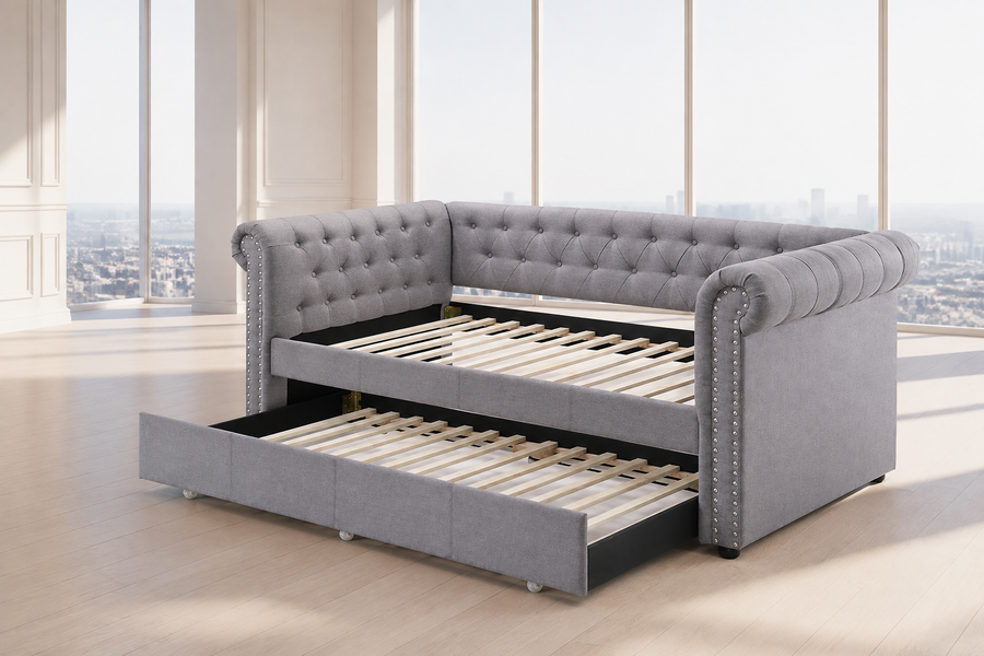 Justice Vintage Smoke Gray Upholstered Daybed with Trundle – Twin Size
