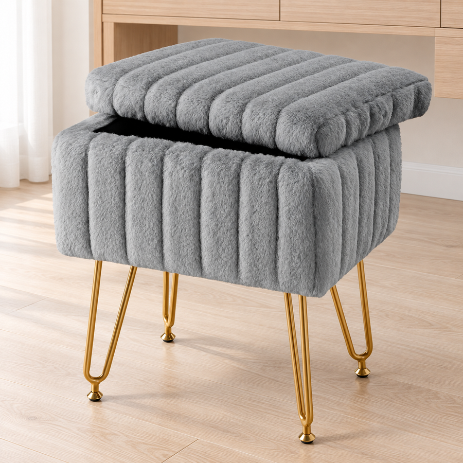 Faux Fur Storage Vanity Stool — Gray