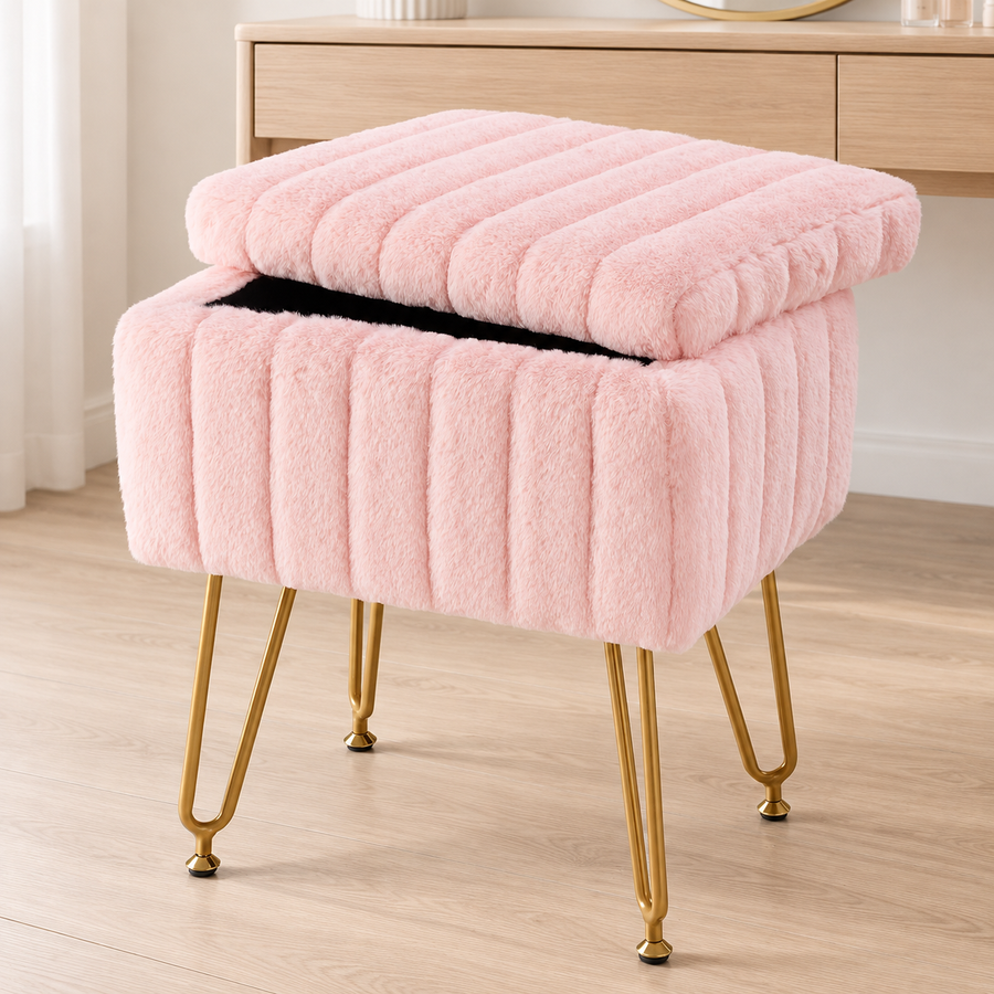 Faux Fur Storage Vanity Stool — Pink