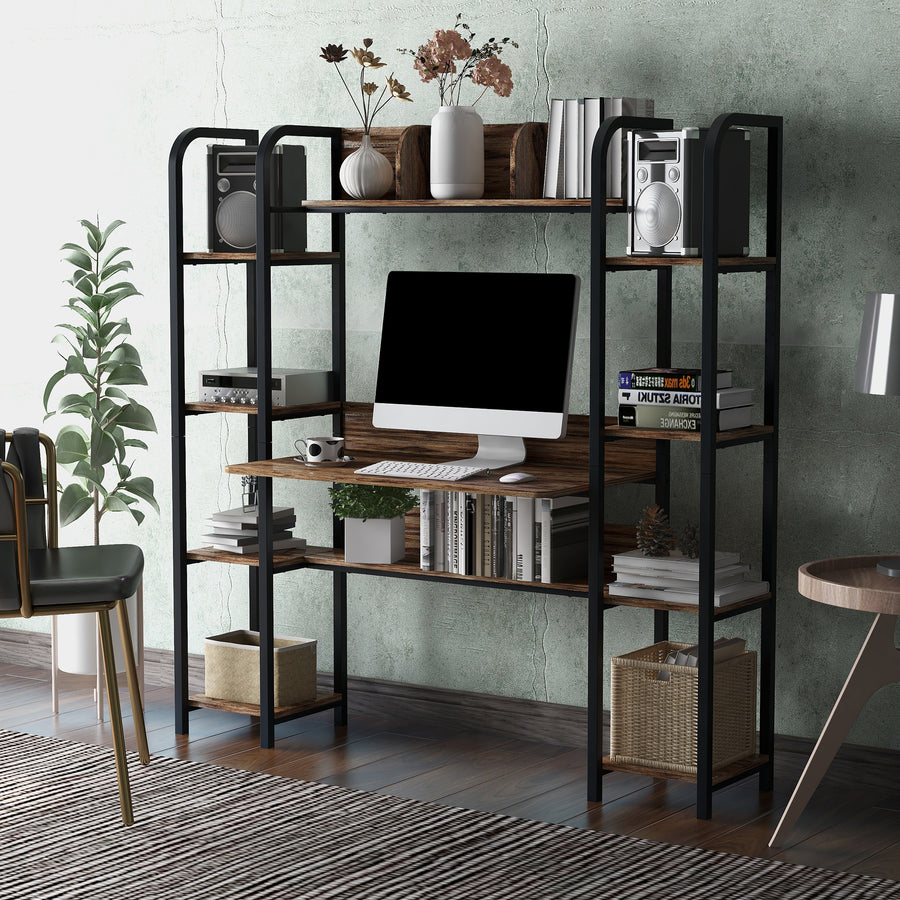 Home Office computer desk with Storage Hutch and double bookcase, Computer Workstation with Storage Bookshelf(Tiger)