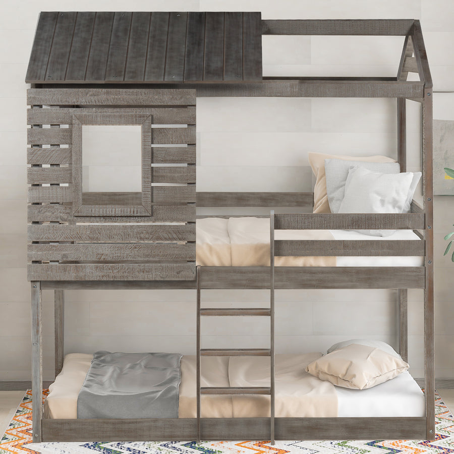 Twin Over Twin Bunk Bed Wood Loft Bed with Roof, Window, Guardrail, Ladder for Kids, Teens, Girls, Boys ( Antique Gray )
