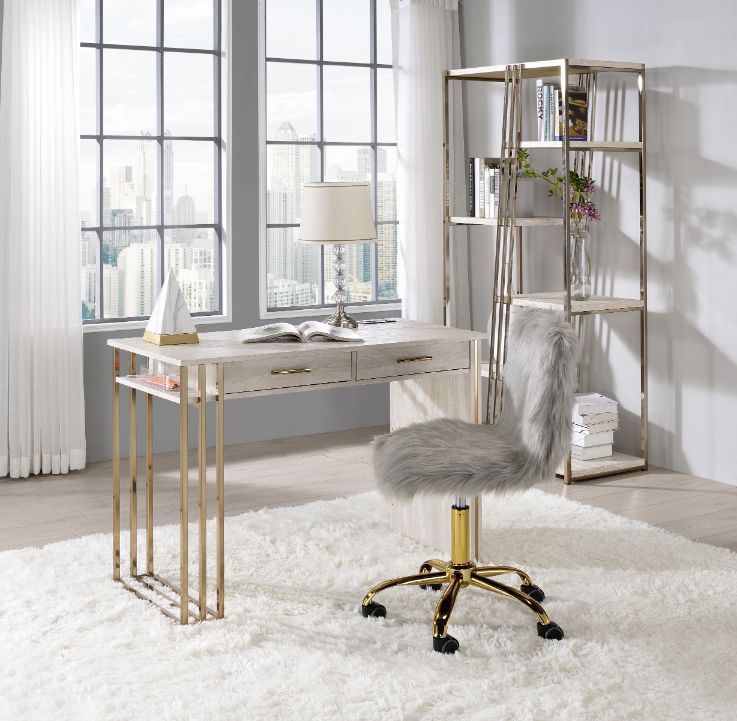Tyeid - Antique White & Gold Writing Desk with Built-In USB Port – 42" Contemporary Workstation with Storage Drawers - 92935