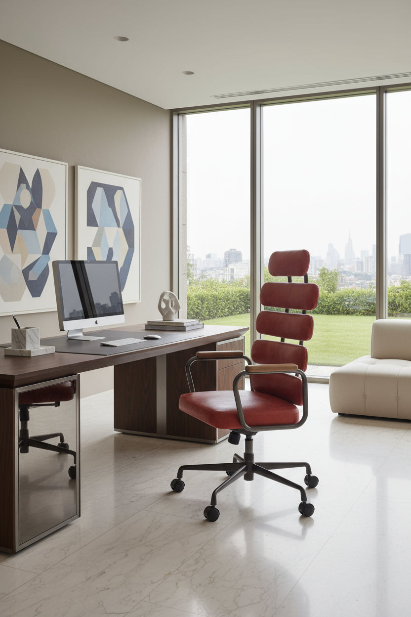 Antique Red Top Grain Leather Executive Office Chair – Vintage Industrial High-Back with Wood Armrests 92109