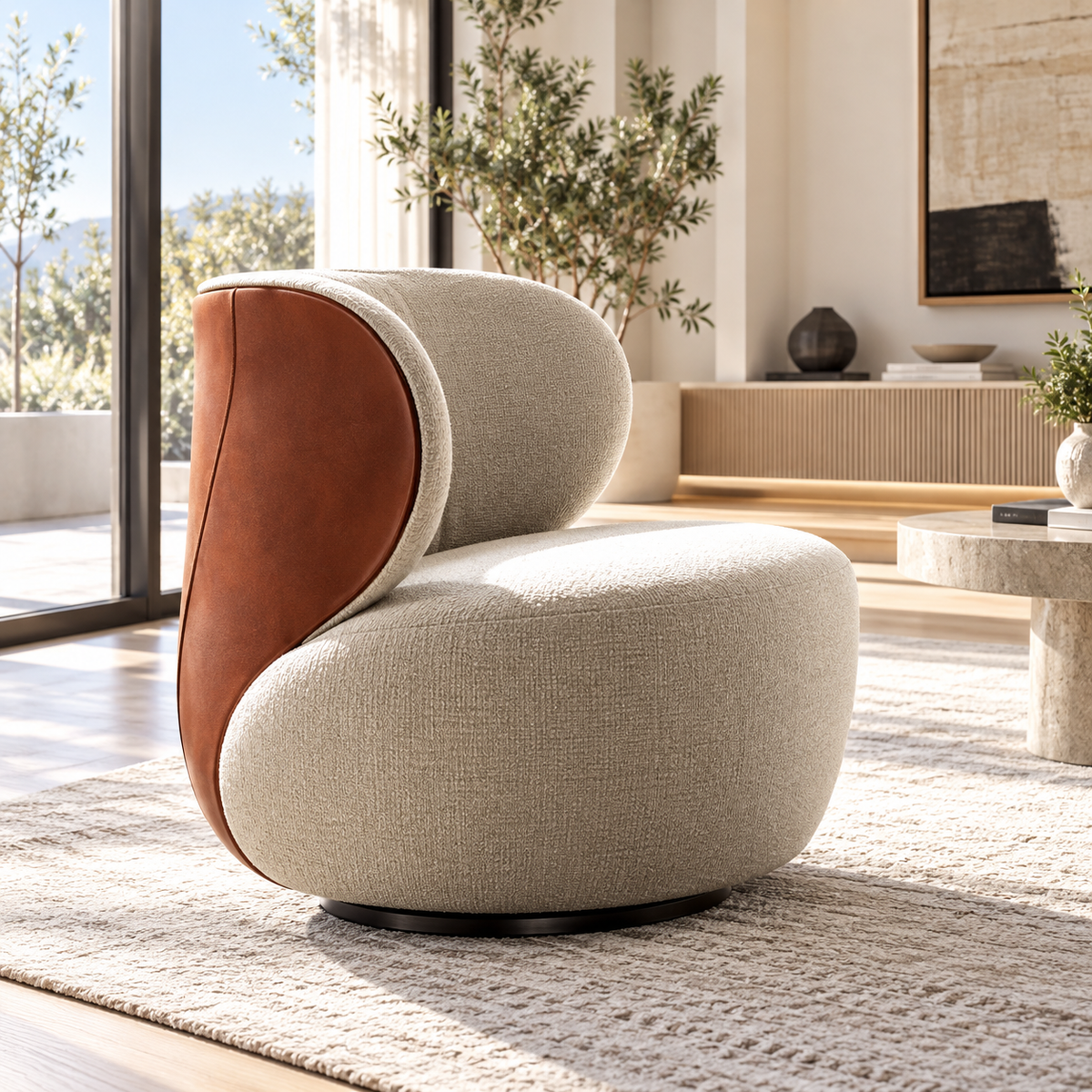 Cream and brown sculptural chair in a contemporary Scandinavian room