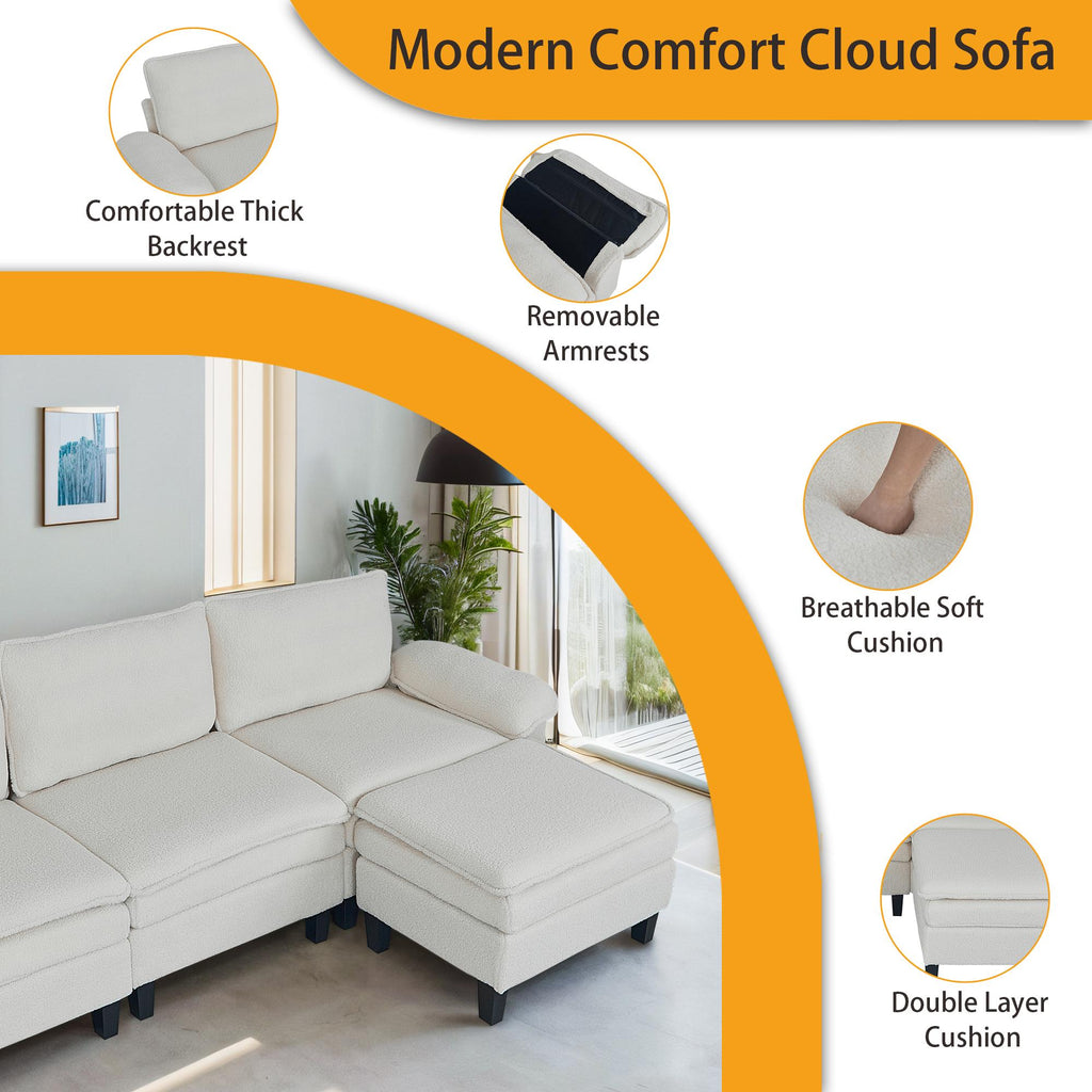 Beige Teddy Modular 3-Seater Sofa with Ottoman | Golden Home