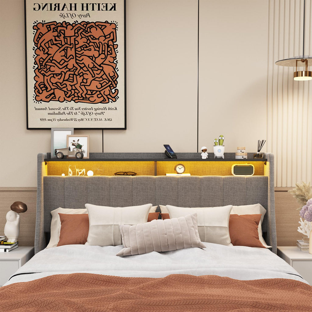 Light Gray Queen Bed with LED Headboard & Storage Drawers