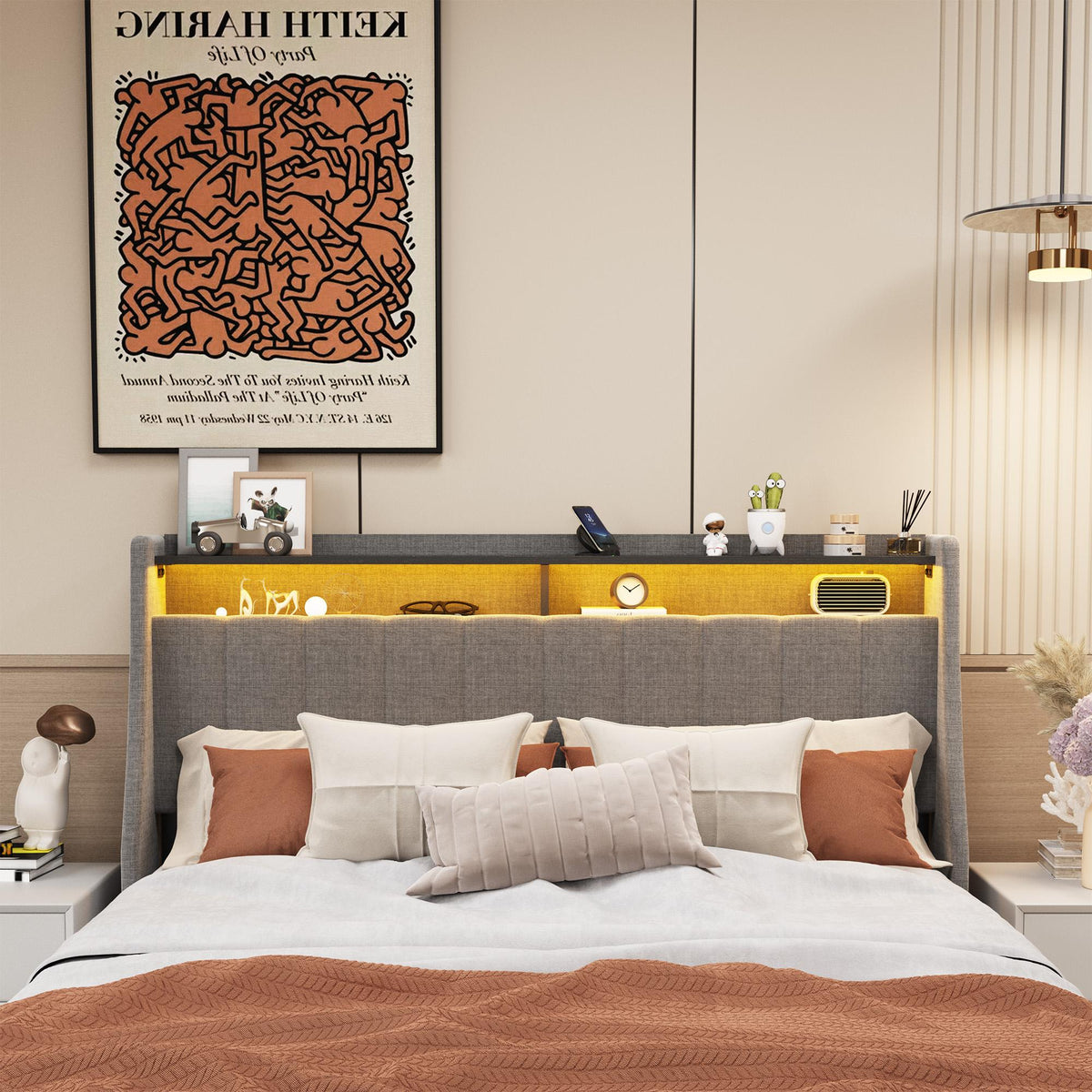 Light Gray Queen Bed with LED Headboard & Storage Drawers