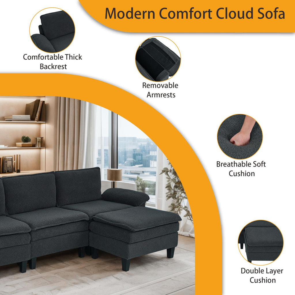 Dark Gray Teddy Modular 3-Seater Sofa with Ottoman