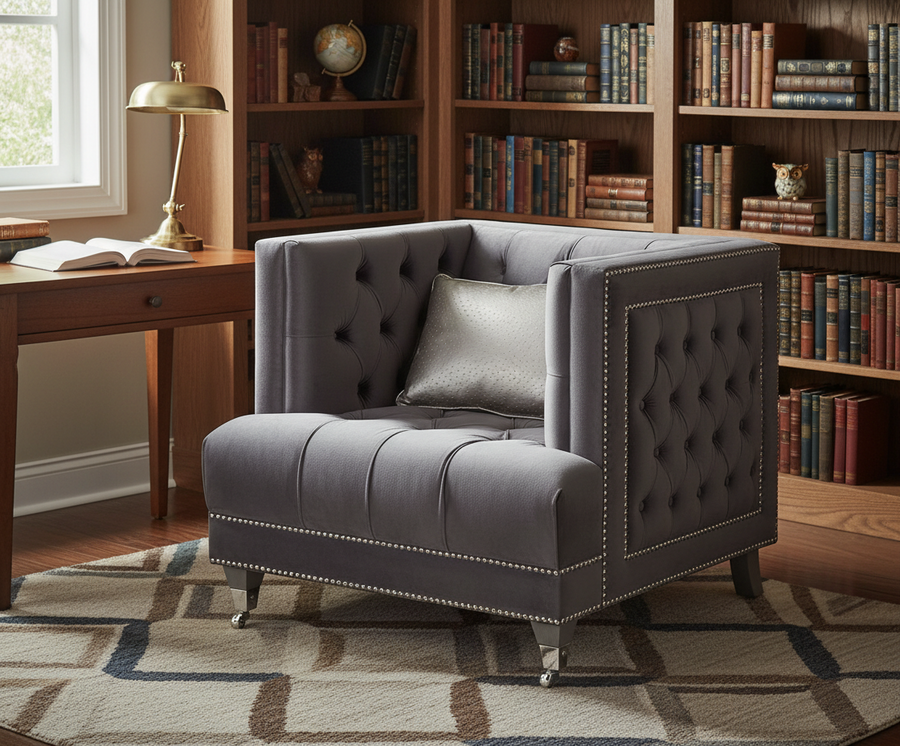 Hegio Chair w/1 Pillow - Glam Vintage Velvet Chair with Tufted Back & Nail-Head Trim (Gray Velvet)
