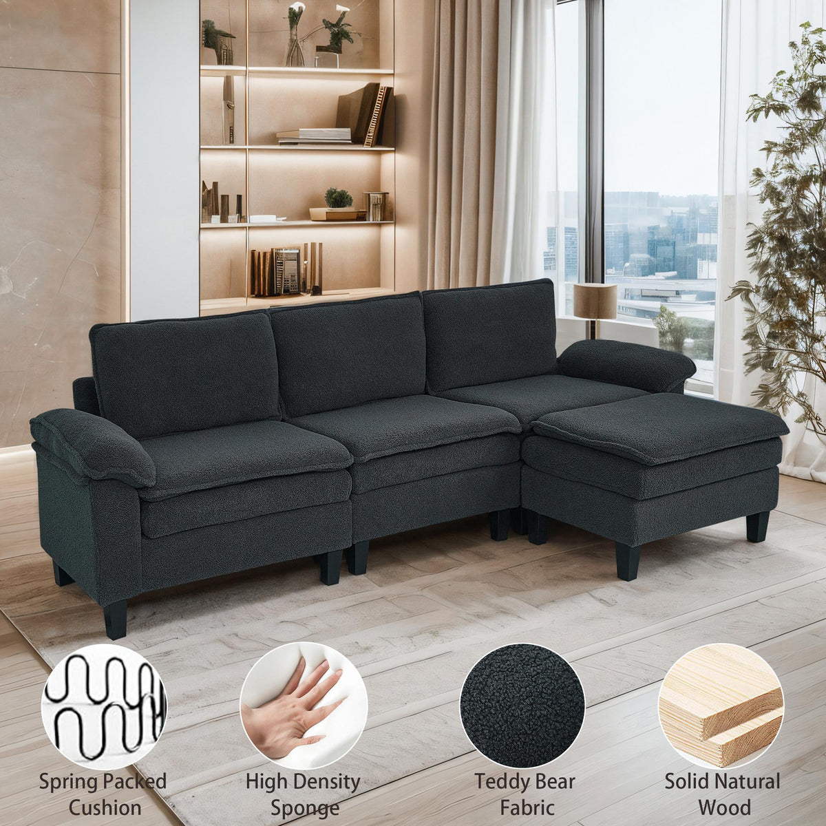 Dark Gray Teddy Modular 3-Seater Sofa with Ottoman