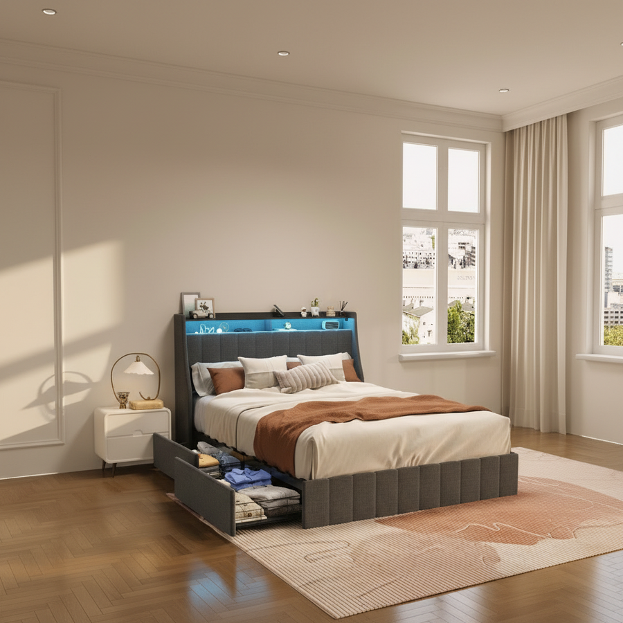 Dark Gray Queen Bed with Backlit Headboard & Storage