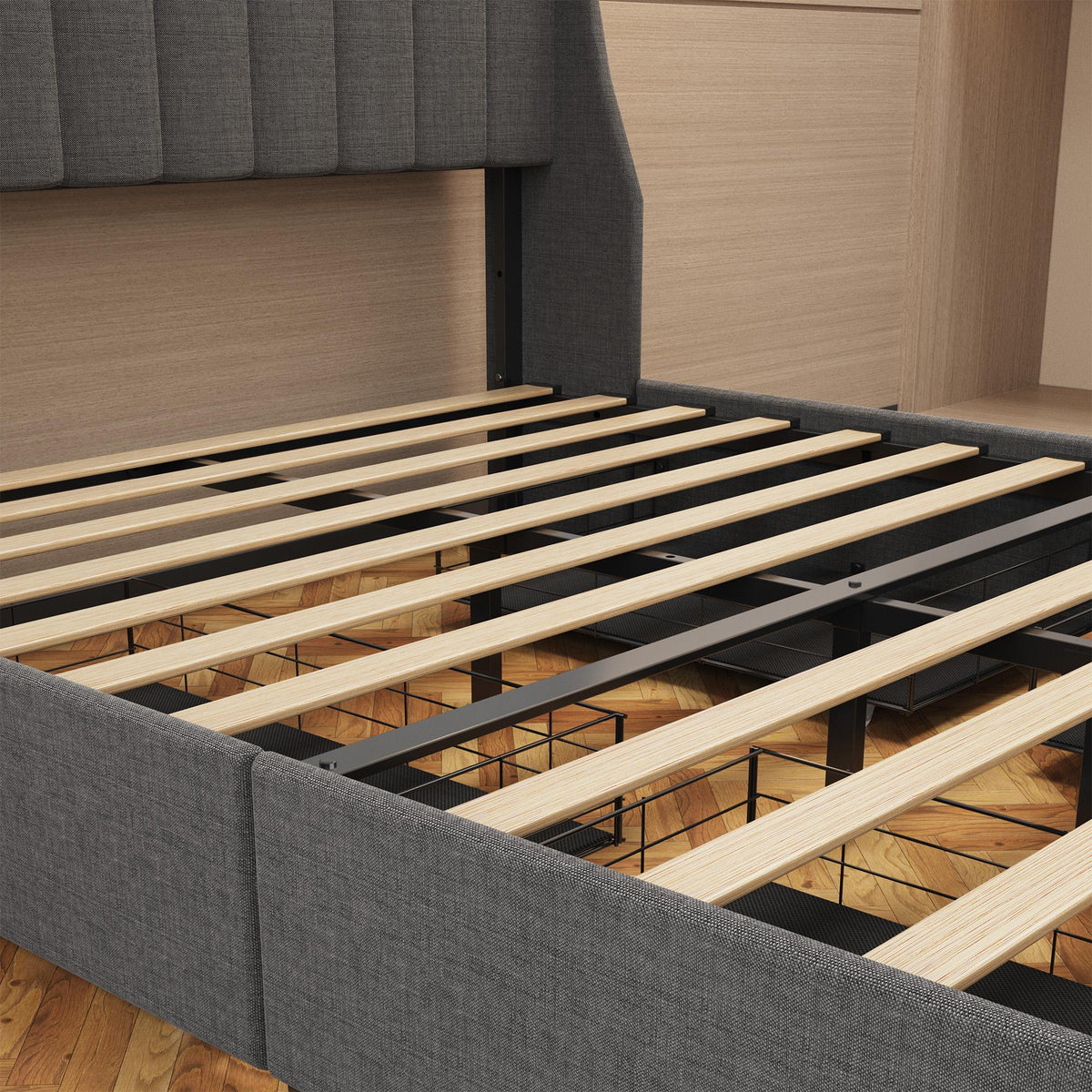 Dark Gray Queen Bed with Backlit Headboard & Storage