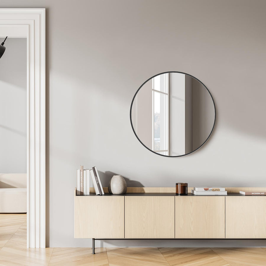 24-Inch Round Black Wall Mirror | Minimalist Bathroom & Entryway