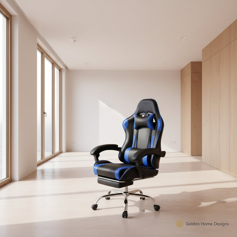 Reclining Gaming Chair with Footrest — Black & Blue