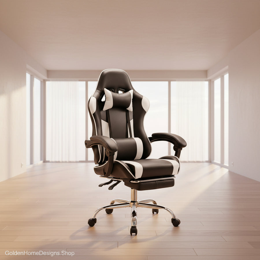 Reclining Gaming Chair with Footrest — Black & White