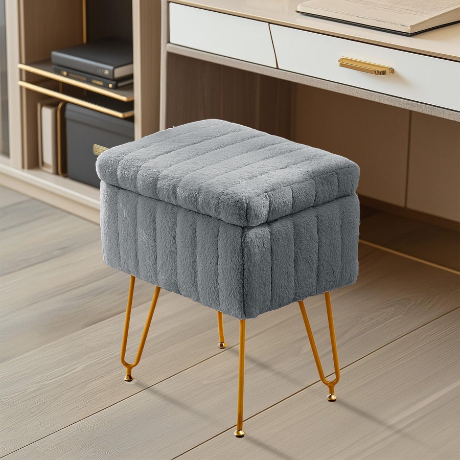 Faux Fur Storage Vanity Stool — Gray