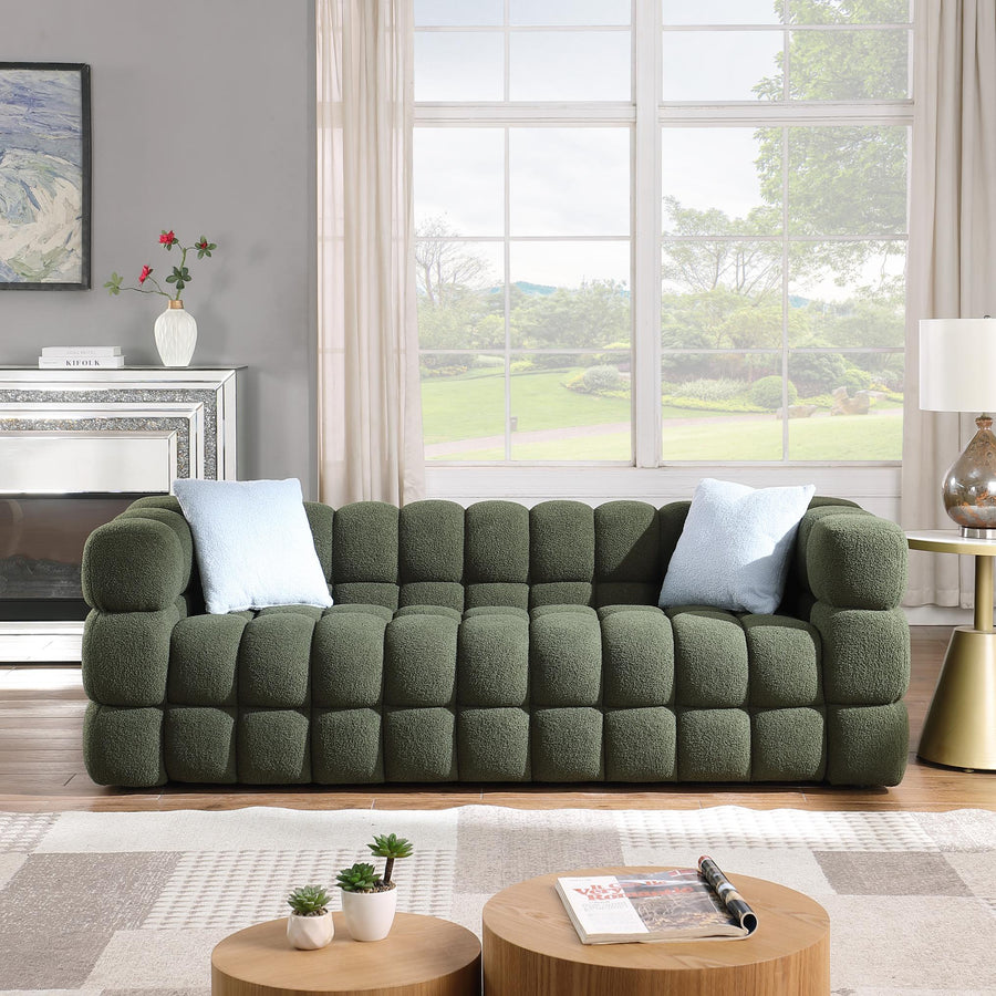 Olive Marshmallow Bouclé Sofa | Sculptural 84-Inch 3-Seater