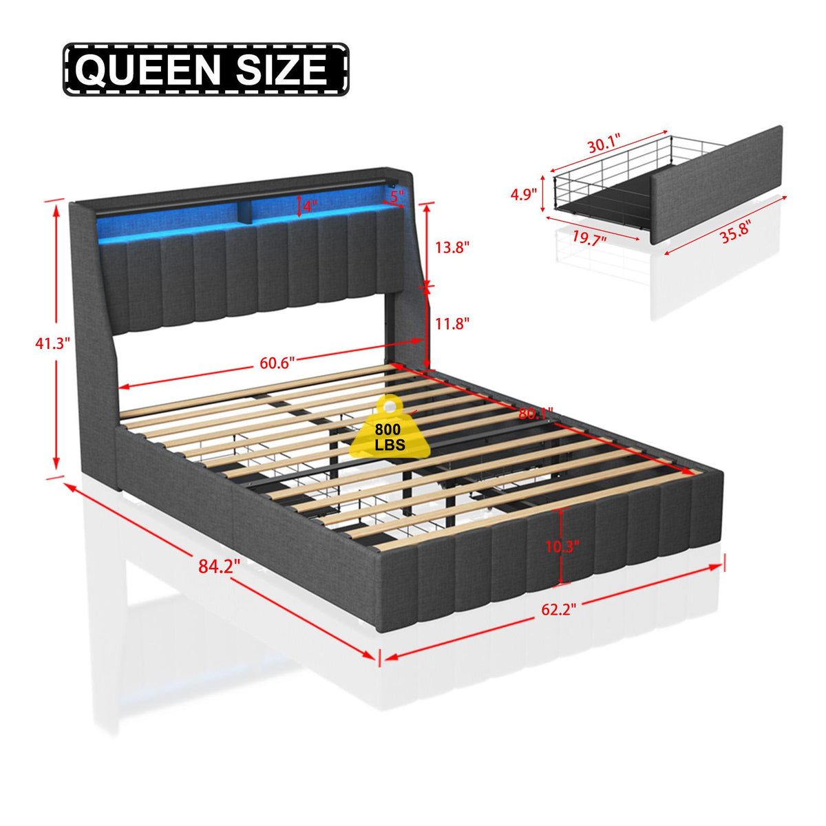 Dark Gray Queen Bed with Backlit Headboard & Storage
