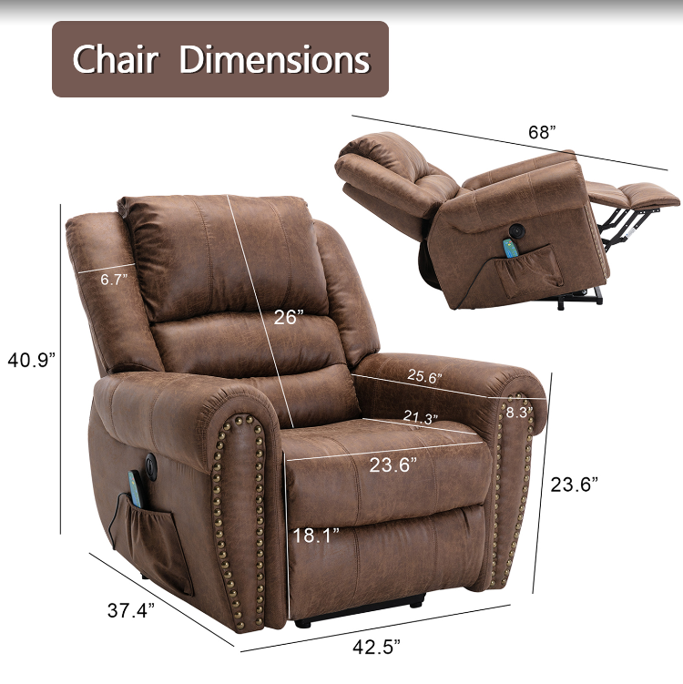 Brown Power Lift Massage Recliner | USB & Nailhead Detail