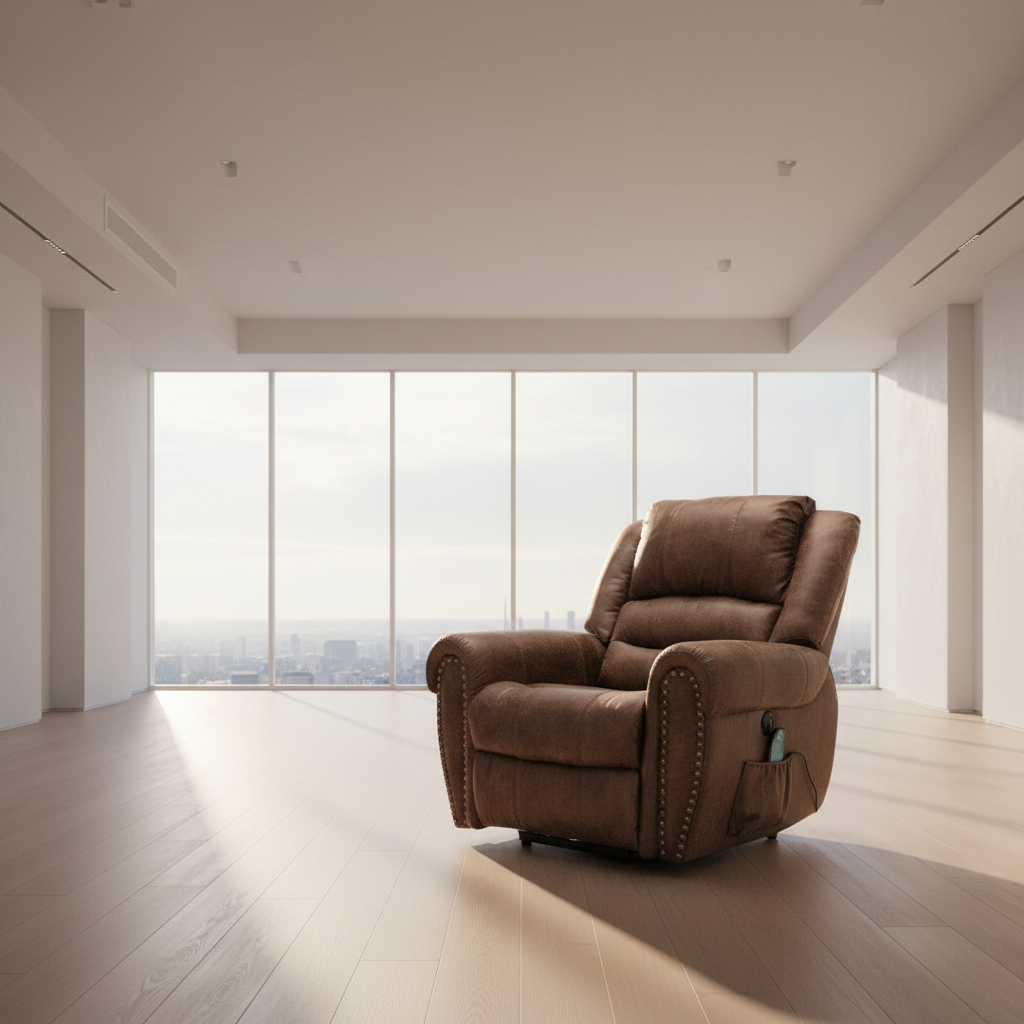 Brown Power Lift Massage Recliner | USB & Nailhead Detail