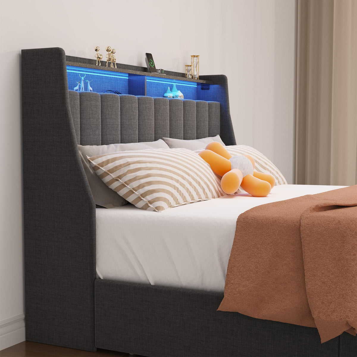 Dark Gray Queen Bed with Backlit Headboard & Storage