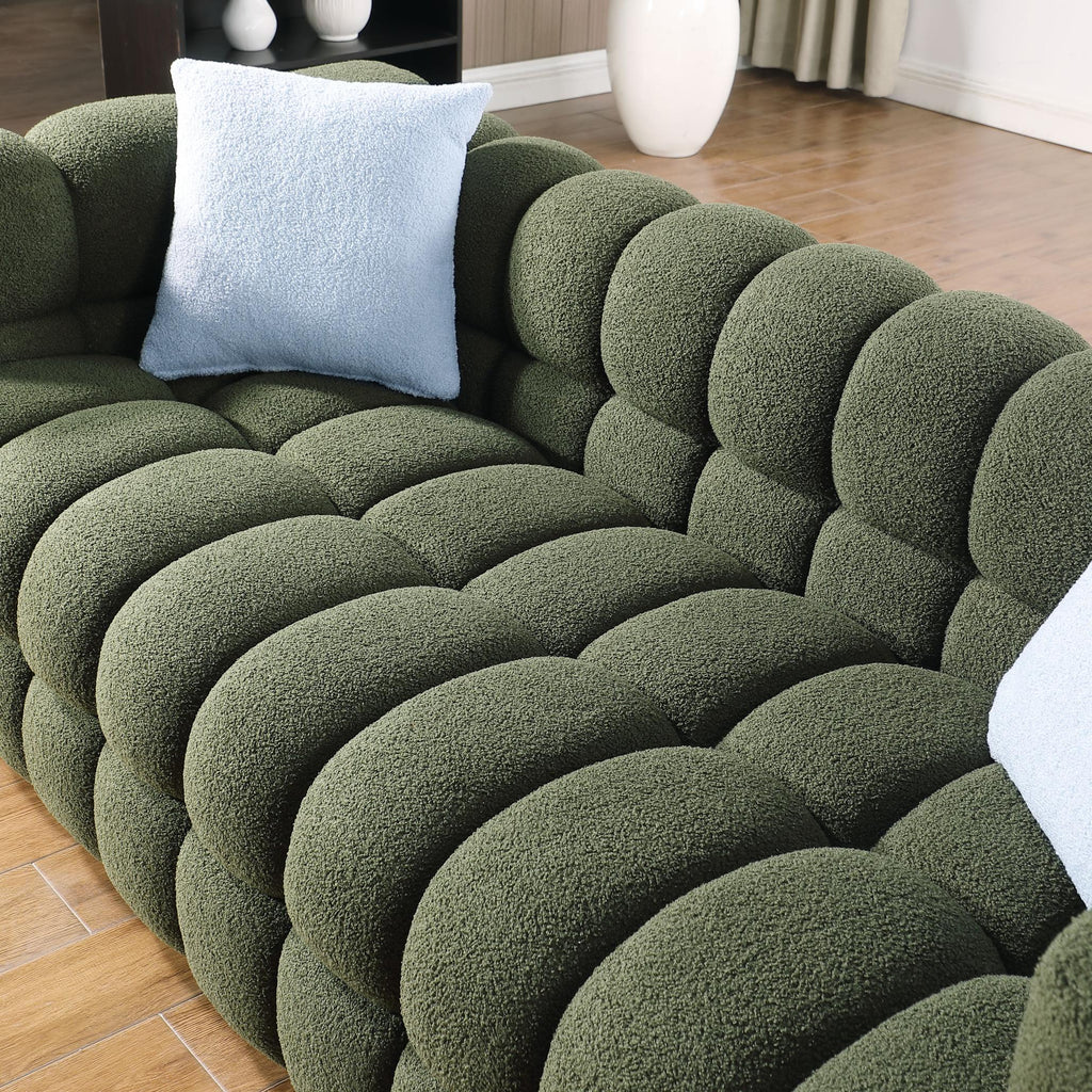 Olive Marshmallow Bouclé Sofa | Sculptural 84-Inch 3-Seater
