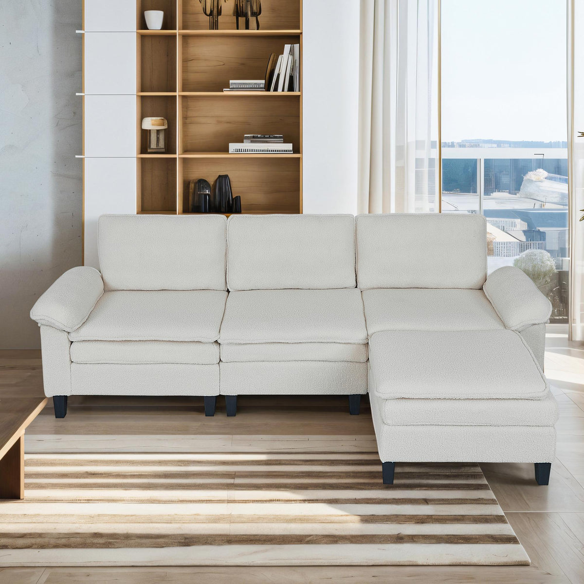 Beige Teddy Modular 3-Seater Sofa with Ottoman | Golden Home