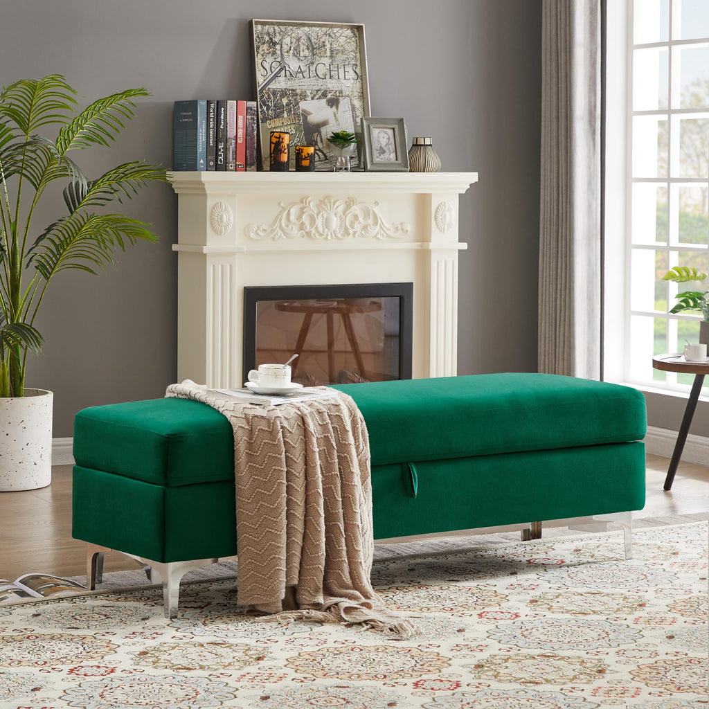 Forest Green Upholstered Storage Bench | Two-Seater