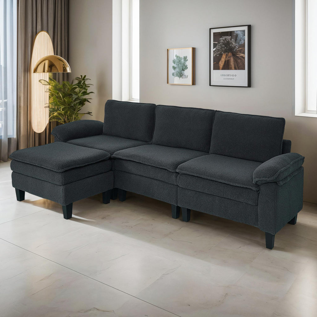 Dark Gray Teddy Modular 3-Seater Sofa with Ottoman