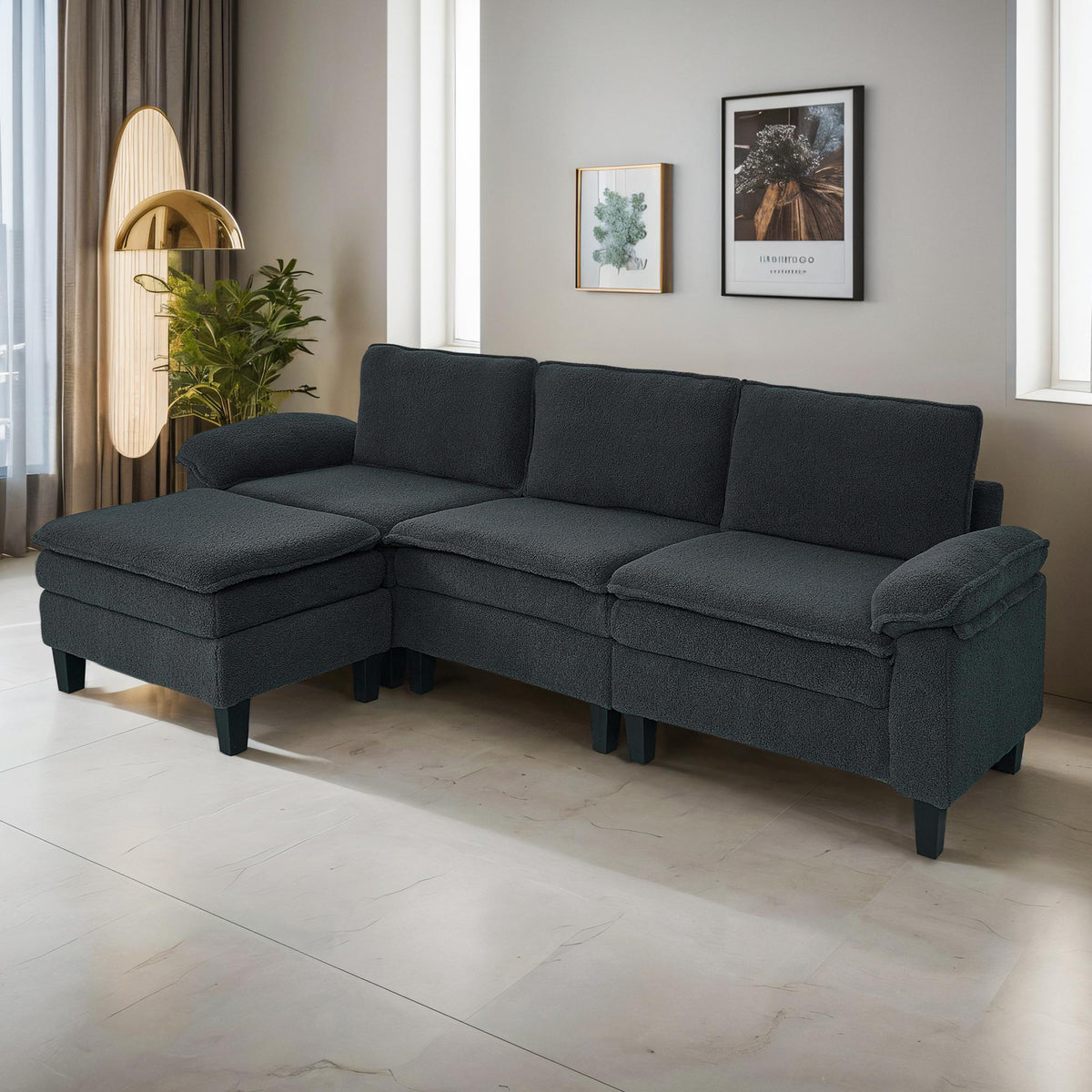 Dark Gray Teddy Modular 3-Seater Sofa with Ottoman