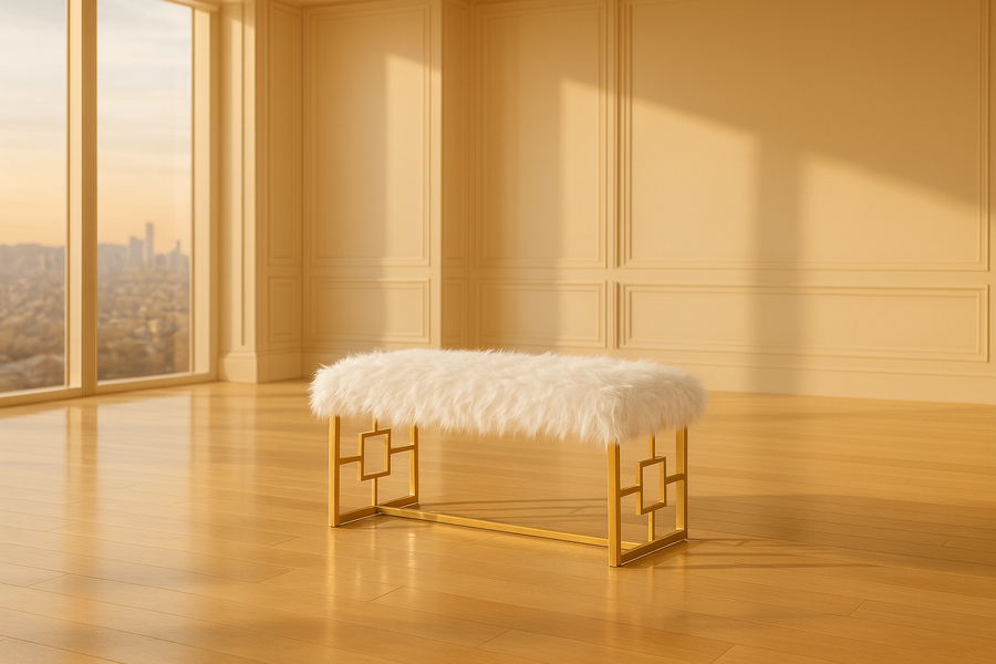 Bagley II Bench in White Faux Fur & Gold 96451