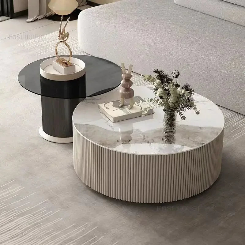 Creative Slate TV Stands Living Room Furniture TV Cabinet Coffee Table Set Light Luxury Small Apartment Cream Round Coffee Table