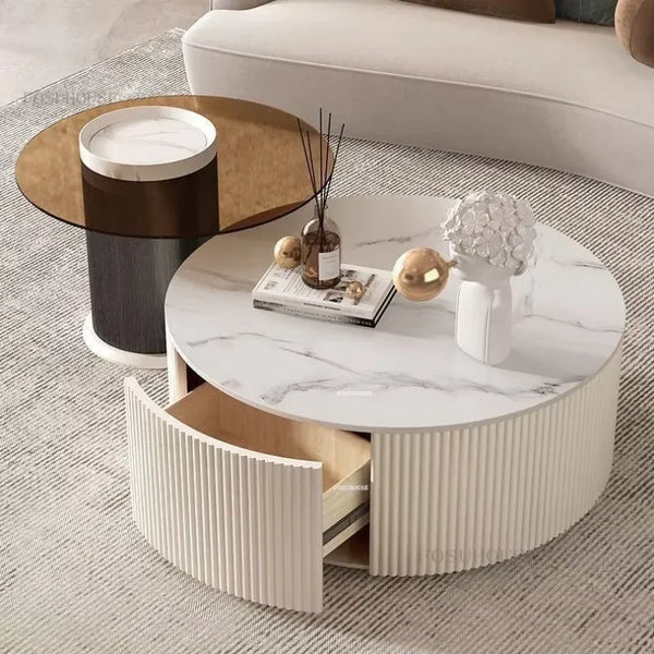 Creative Slate TV Stands Living Room Furniture TV Cabinet Coffee Table Set Light Luxury Small Apartment Cream Round Coffee Table