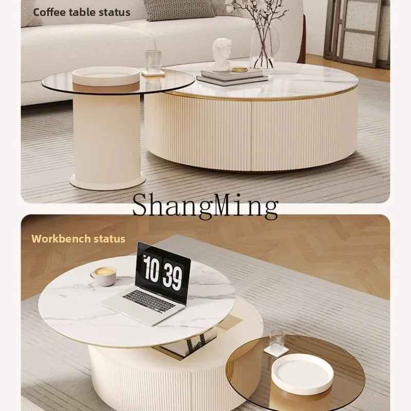 LXY Cream Wind Slate Coffee Table Lifting Household Living Room Round Coffee Table Combination