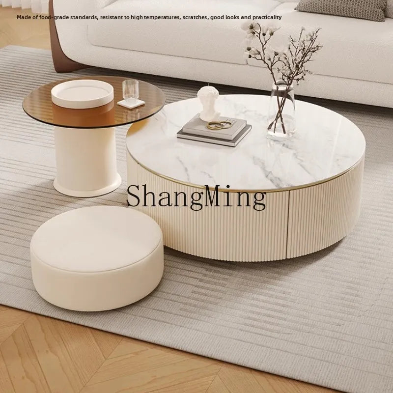 LXY Cream Wind Slate Coffee Table Lifting Household Living Room Round Coffee Table Combination