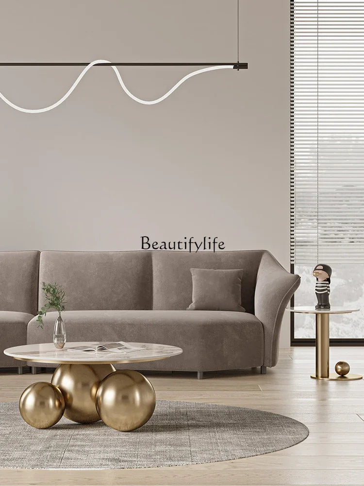 **Modern light luxury rock slab coffee table living room household small apartment metal creative simple round edge table