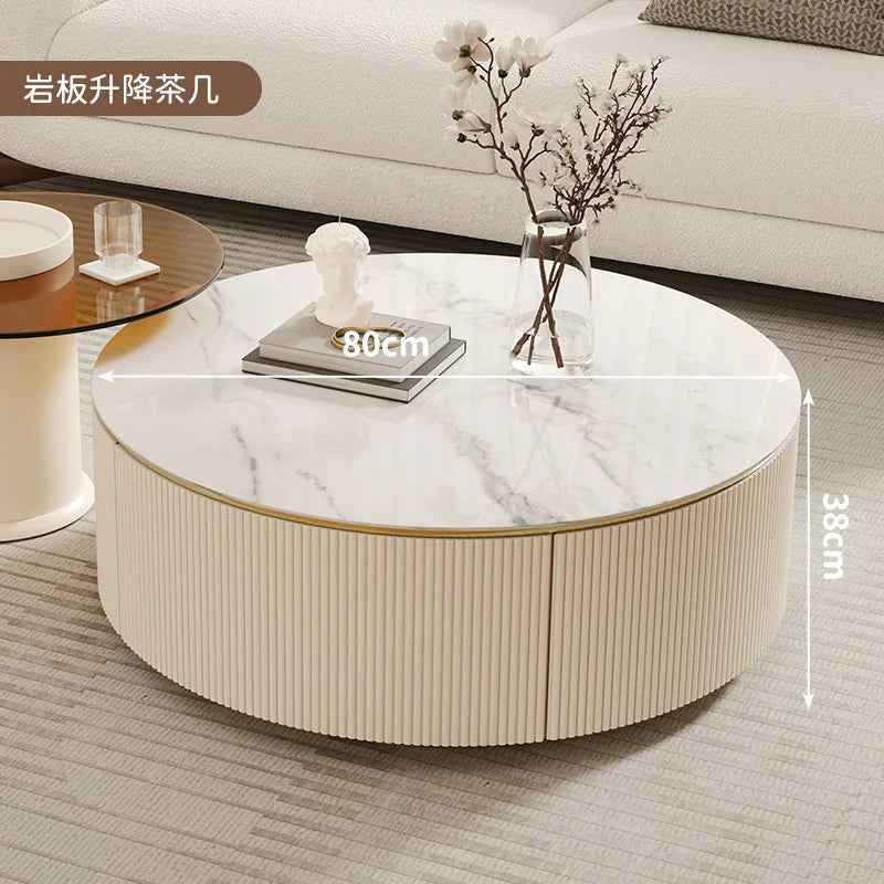 LXY Cream Wind Slate Coffee Table Lifting Household Living Room Round Coffee Table Combination